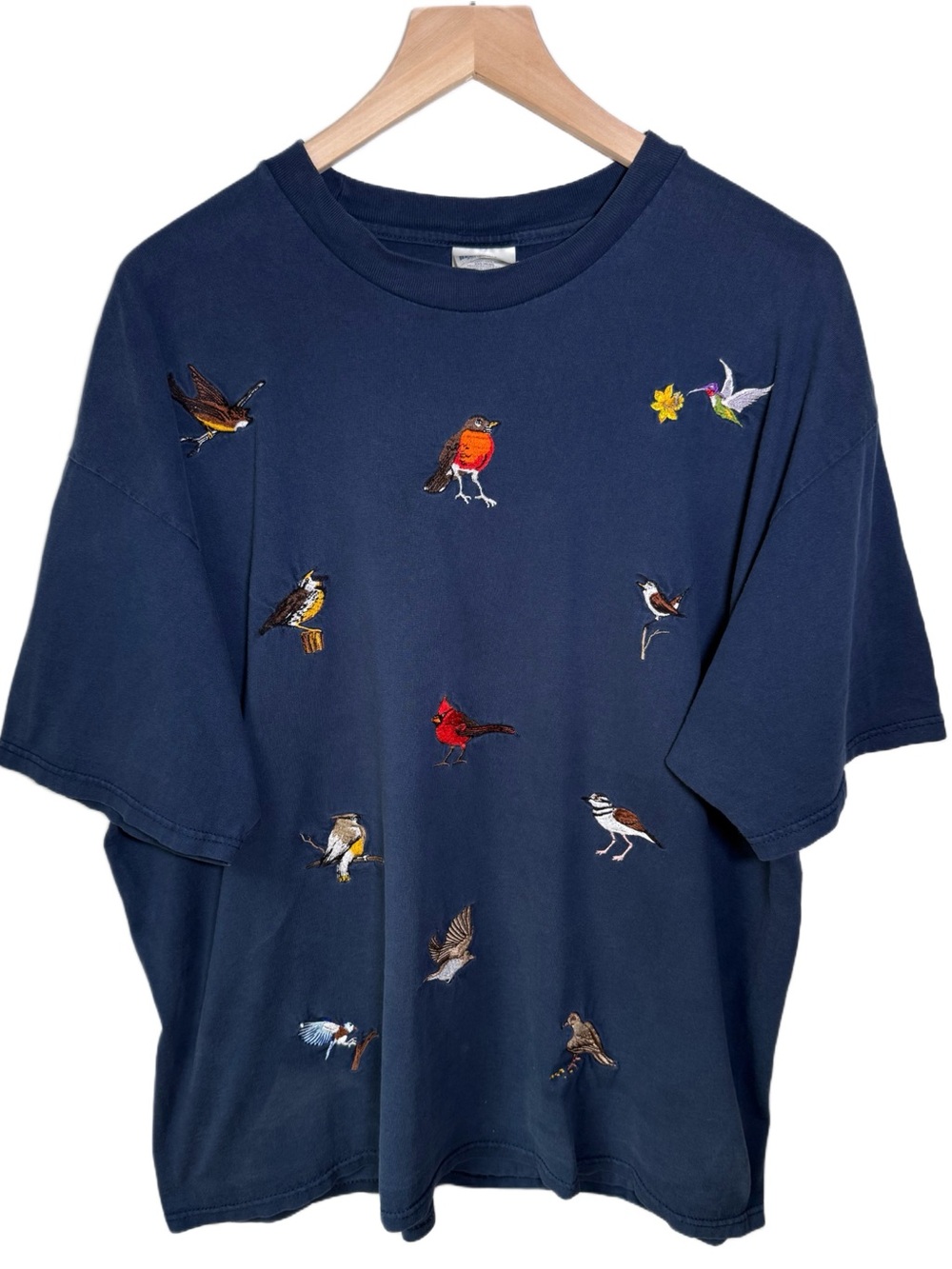 VTG Embroidered Birds T-Shirt Tee On Hanes Heavyweight Size 2XL Navy Blue